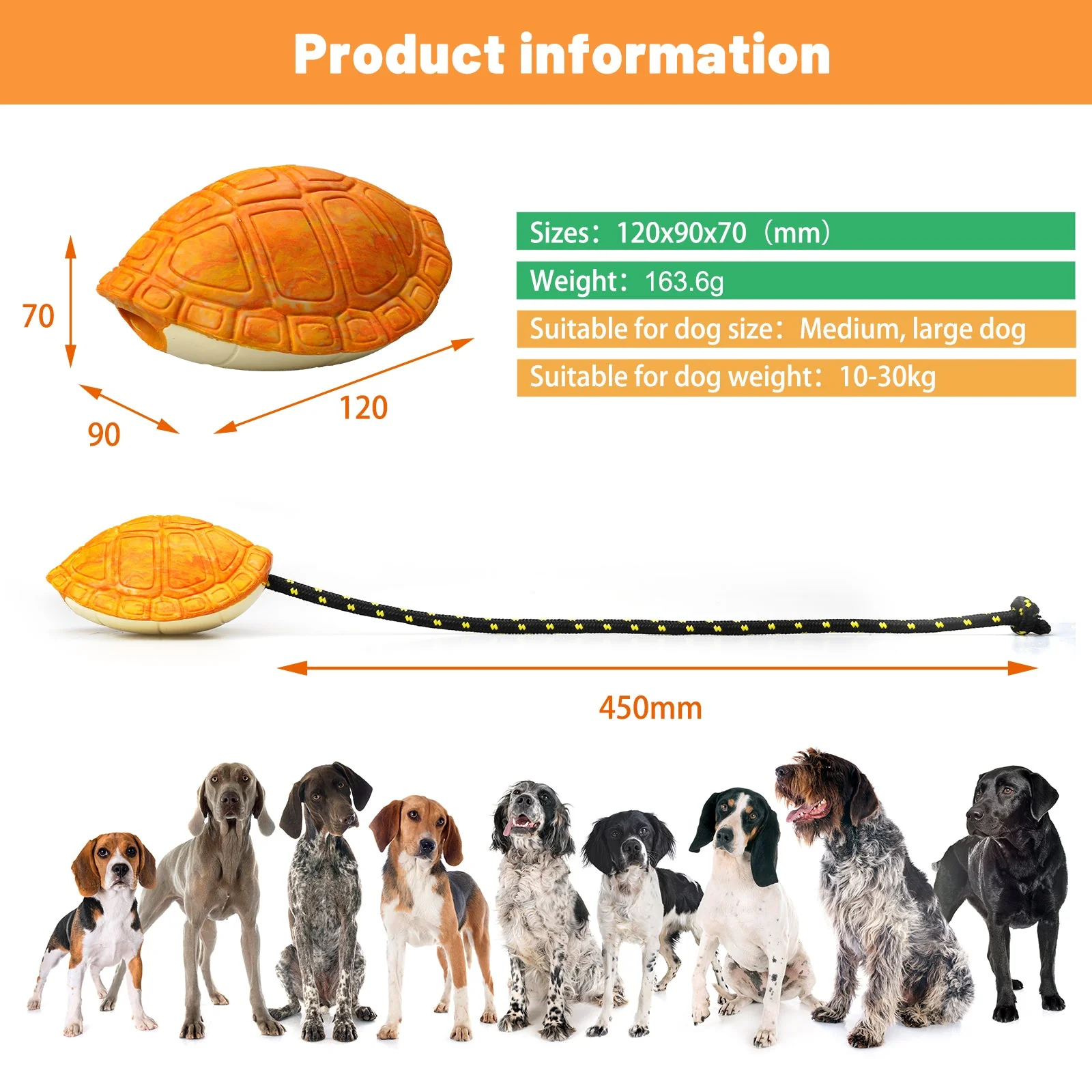 Petopia Tough Titan Turtle with Rope Large Rubber Dog Toy Assorted Colours - Image 4